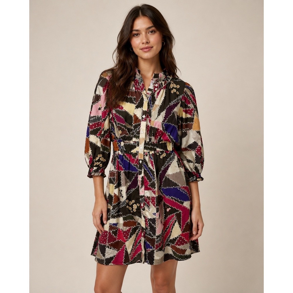 Never A Wallflower Women's Multi Geometric 100% Cotton Shirt Dress Small